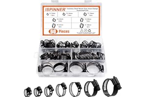 ISPINNER 60pcs Stainless Steel Adjustable 6-38mm Range Worm Gear Hose Clamps Assortment Kit for Plumbing, Automotive, Mechani