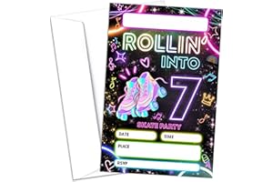 Sahjzk 7th Roller Skating Birthday Party Invitations, 20 Pcs Skate Party Invitations with Envelopes, Roller Skate Theme Birthday Invites for Boys Girls, 7th Birthday Party Supplies (4x6 inch)