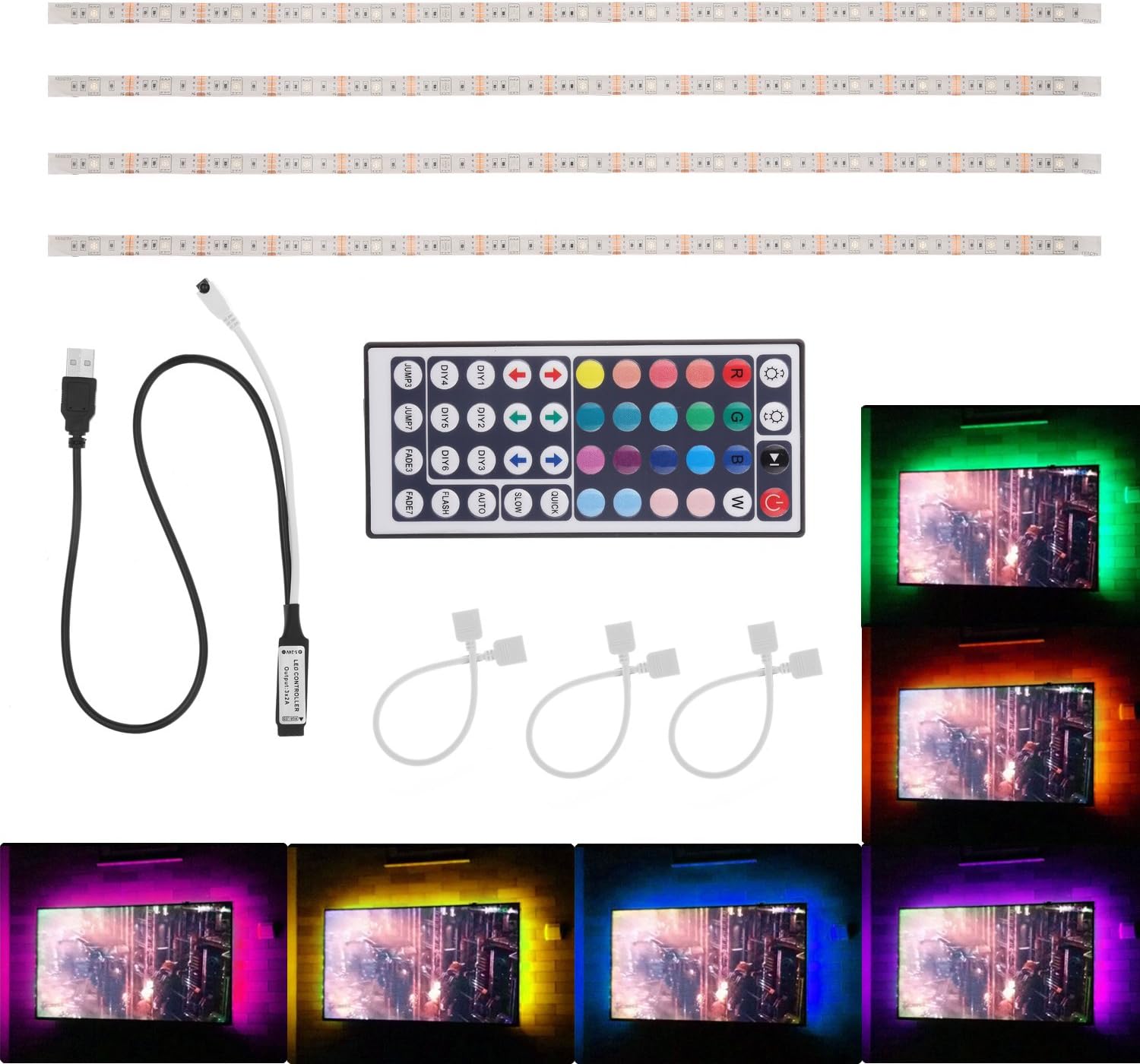 LED TV Backlight Guaiboshi Bias Lighting Kits for HDTV USB Powered 4 Separate 19.69" 5050 RGB Multi-color LED Light Strip with 44 Keys Mini Remote Control