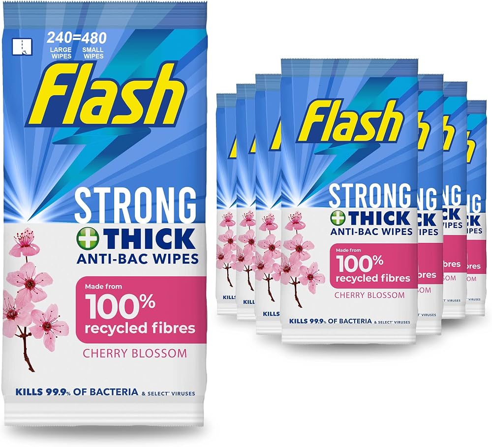 FLASH Antibacterial Strong & Thick Cleaning Wipes 60 Large Blossom & Breeze