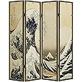 HOZUSO Room Divider 4 - Panel Folding Room Divider Single Side Japanese Ukiyoe Painting Wood Privacy Screens Foldable Portable Room Separating Room Partitions Freestanding Home Decor 71'' High