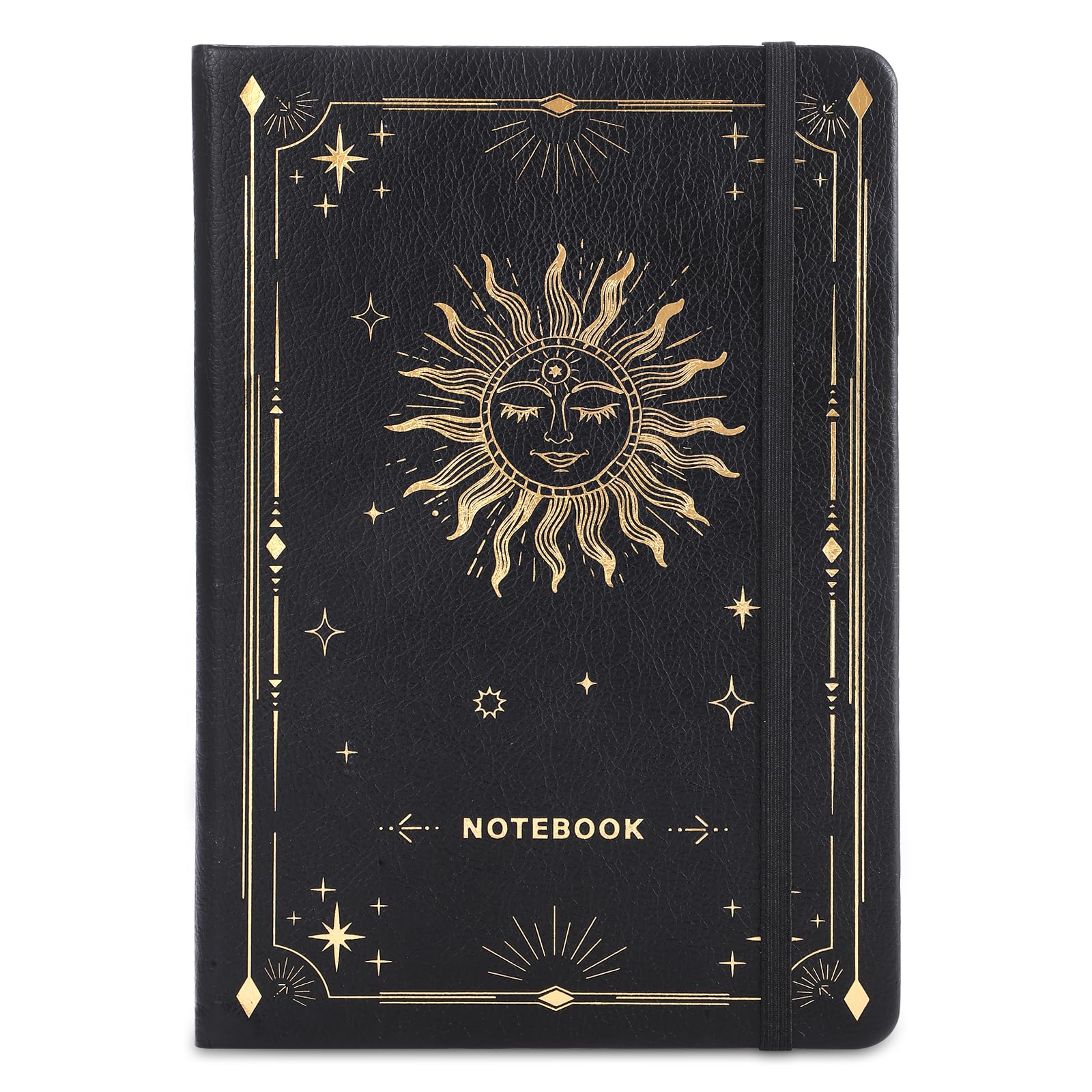 Thboxes Lined Journal Notebook, A5 Leather Journals for Women Men Gifts Office School with Elastic Closure Band, Includes 60 Labels, Hardcover, 200 Pages 100gsm Thick Paper, 21.5 X 14.5 cm-Black