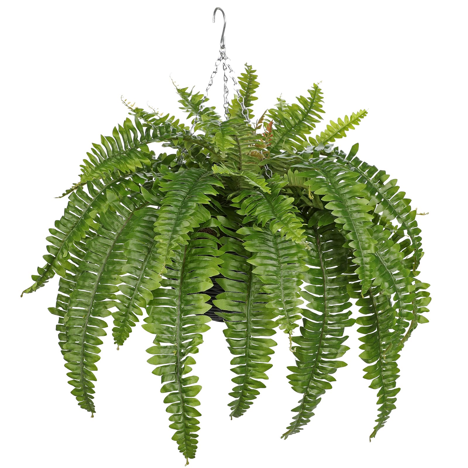 Photo 1 of Hollyone 33" Artificial Boston Fern Hanging Basket Large 39 Leaves Fake Ferns in Rattan Pot Greenery Plants for Outdoors & Indoor Faux Fern Bush Basket Plant Patio Garden Home Decor Green