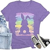 CQF Easter Shirts for Women Happy Easter Bunny Print T-Shirt Cute Rabbit Leopard Tee Tops