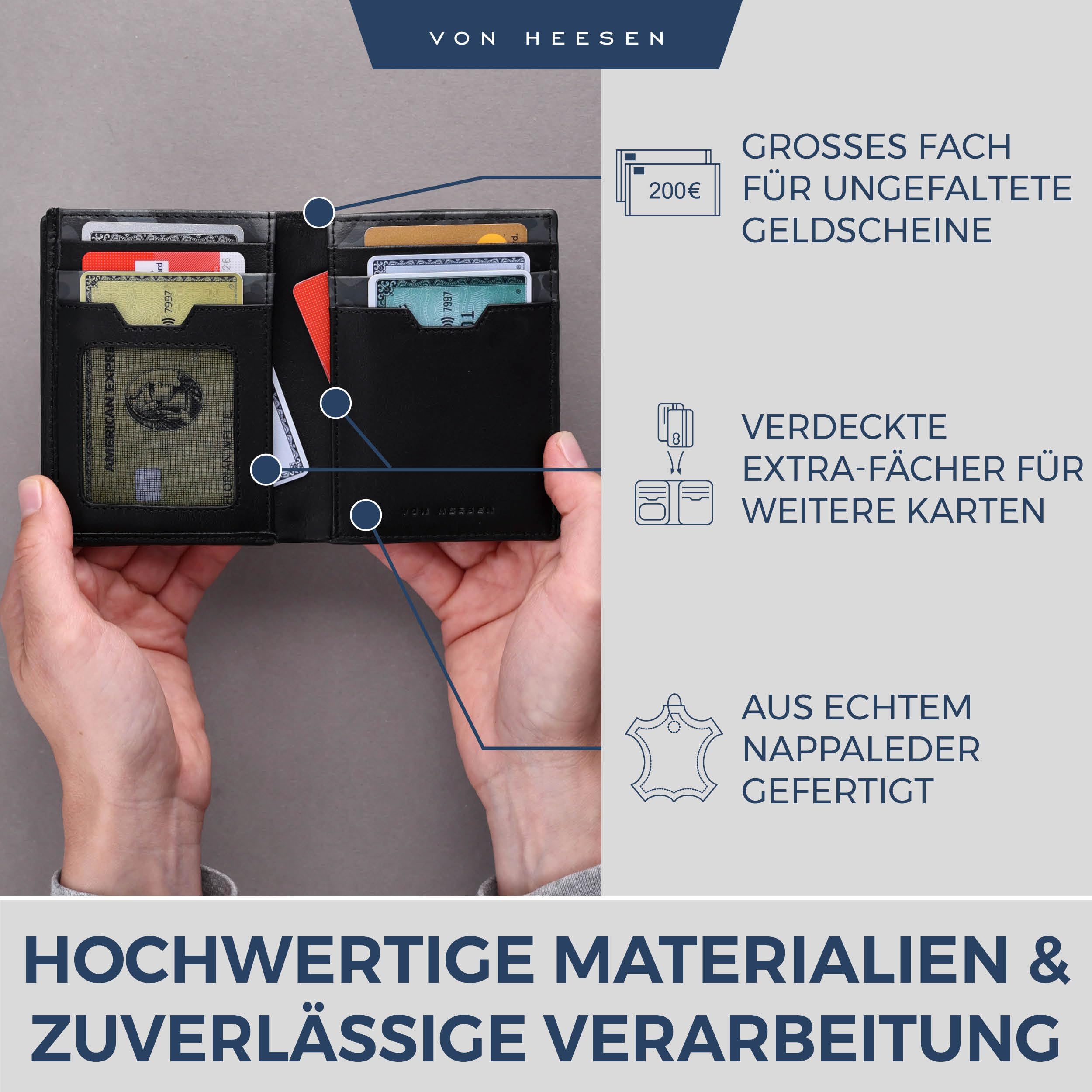 VON HEESEN® Leder Geldbörse Herren mit Münzfach & RFID Schutz I Echtleder Geldbeutel für Männer & Damen I Portemonnaie Brieftasche Wallet Portmonee (Camouflage Grau) 3