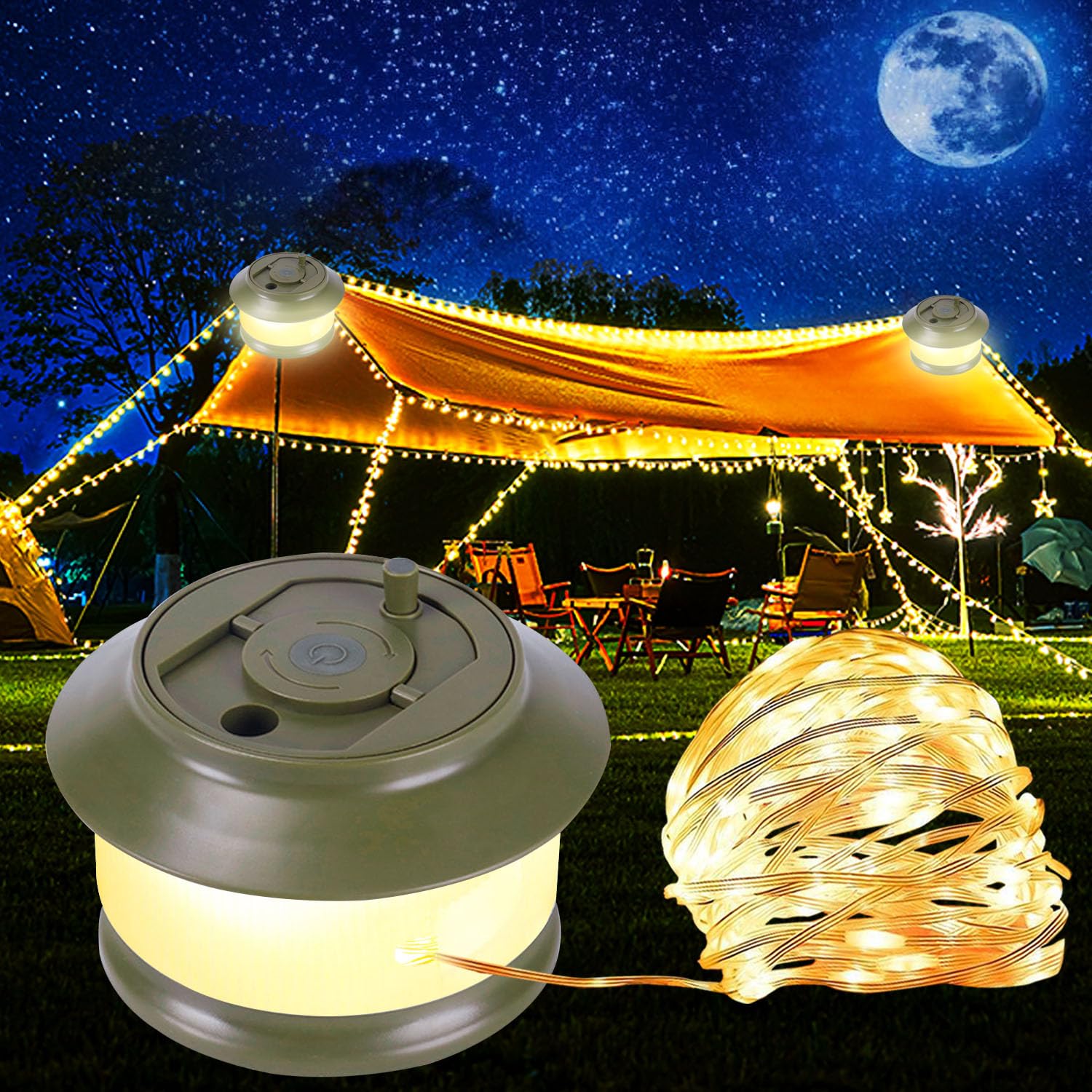 Retractable Camping String Lights Reel 65FT/20M 200LED, Outdoor Portable 3000mAh Stowable Strip Fairy Warm Light, USB Rechargeable Waterproof Wind Up Tent Lantern for Indoor, Home, RV, Patio (Green)