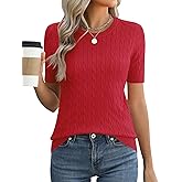 Micoson Womens Short Sleeve Cable Knit Sweater Tops Crewneck Lightweight Spring Summer Shirts Business Dressy Casual Outfits