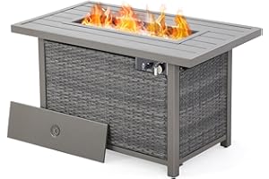 Fire Pit Table, HAPPATIO 42inch 50000 BTU Propane Fire Pit with Metal Fence Table Top, Lid, Black Glass Rock, CSA Safety Certified for Patio Balcony Backyard (Gray)