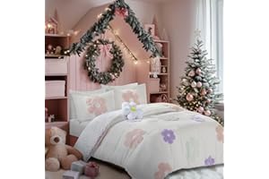 Intelligent Design Kids Full Comforter Set for Girls, Tufted Chenille Floral Comforter Set Queen, Lightweight Polka Dot Reversible Bed Set, Shams, Pillow, Gracie, Full/Queen White/Purple 4 Piece