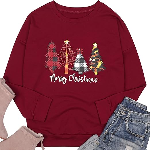 Merry Christmas Sweatshirt for Women Drop Shoulder Long Sleeve