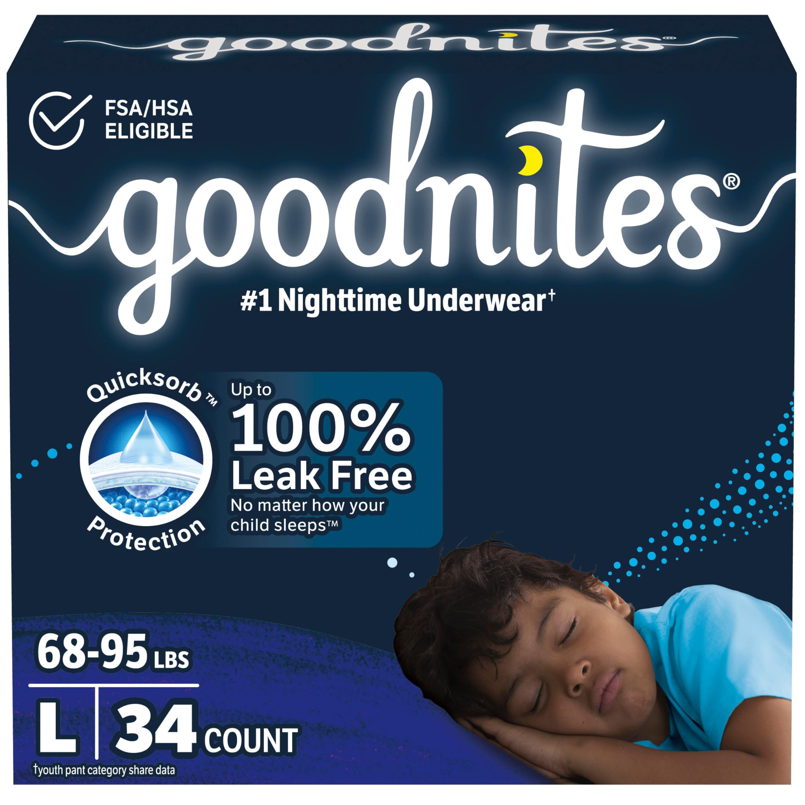 Photo 1 of Goodnites Boys' Nighttime Bedwetting Underwear, Size Large (68-95 lbs), 34 Ct (2 Packs of 17), Packaging May Vary