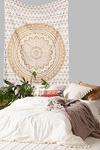 Marubhumi Psychedelic Mandala Tapestry Wall Hanging, Beach Throw Hippie Tapestries Picnic Sheet Wall Decor Wall Art Bedroom Decor, Golden , Poster (76 x 101 Cms / 30 x 40 Inches)