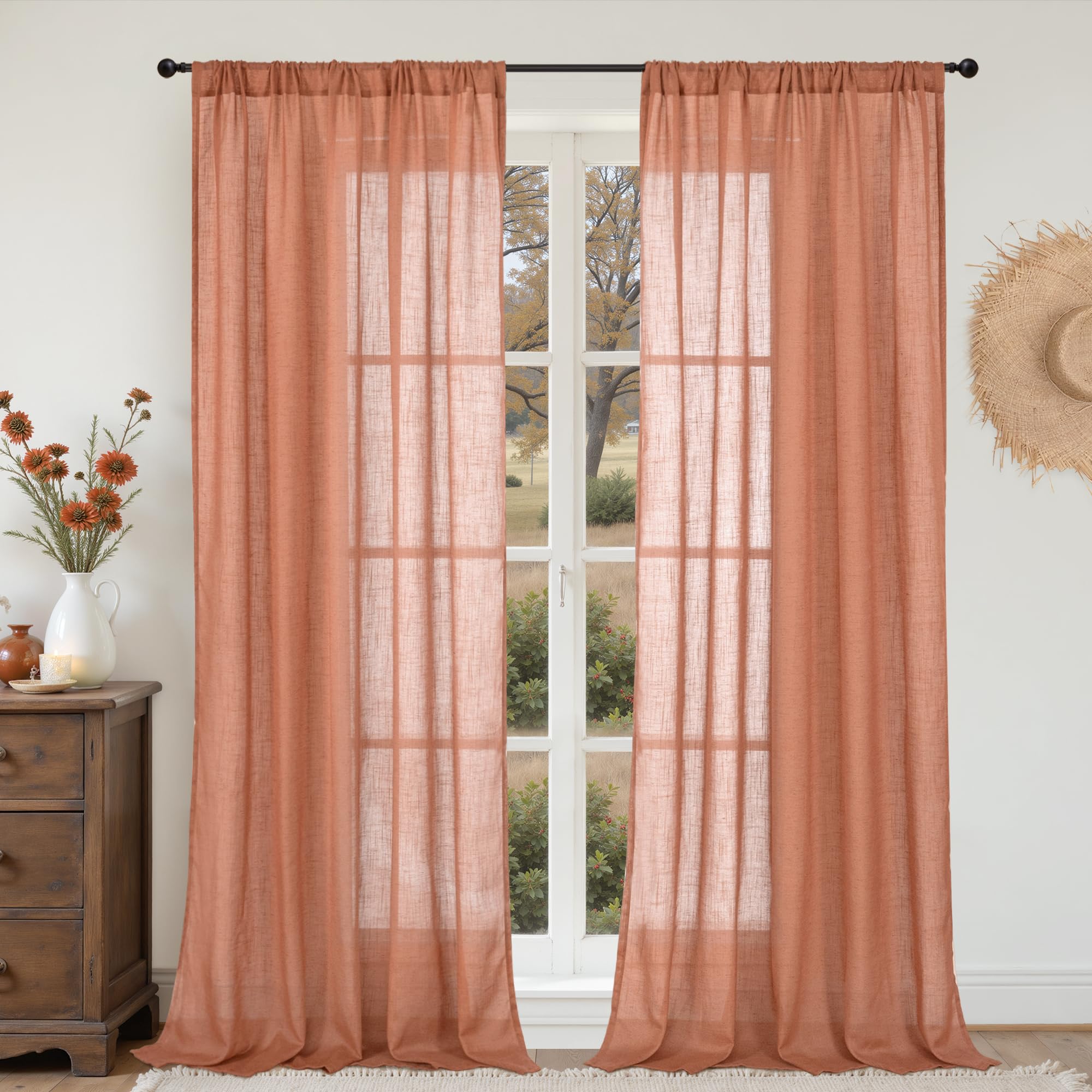 BGment Terracotta Linen Curtains 90 Inch Length for Living Room, Semi Sheer Long Window Drapes Rustic Textured for Farmhouse Beroom Dining Decor Rod Pocket Lightweight, 2 Panels Set, Each 52 Inch Wide Image