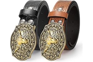 JASGOOD 2 Pack Western Belt Cowboy Belts for Men Women, Western Leather Belts Bull Buckle Embossed Leather Belt for Jeans