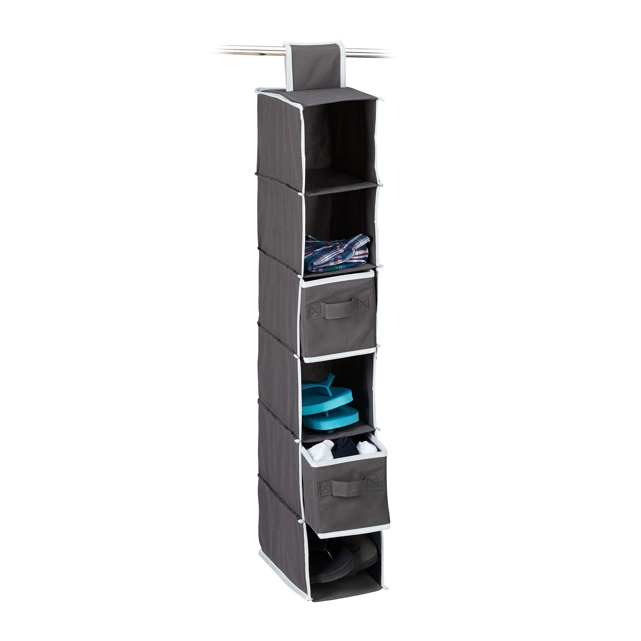 Relaxdays Fabric Hanging Shelves, 6 Compartments with 2 Drawers for the Closet, Foldable, 82 x 14.5 x 30 cm, Anthracite
