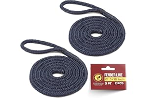 GOLDEN COCK 5/16" X 5FT (8mm x 1.5M) Fender Line Navy Blue 2 Pack Premium Double Braid, Mooring Dock Marine-Grade Dock Lines for Boats, Pre-Spliced with Eye
