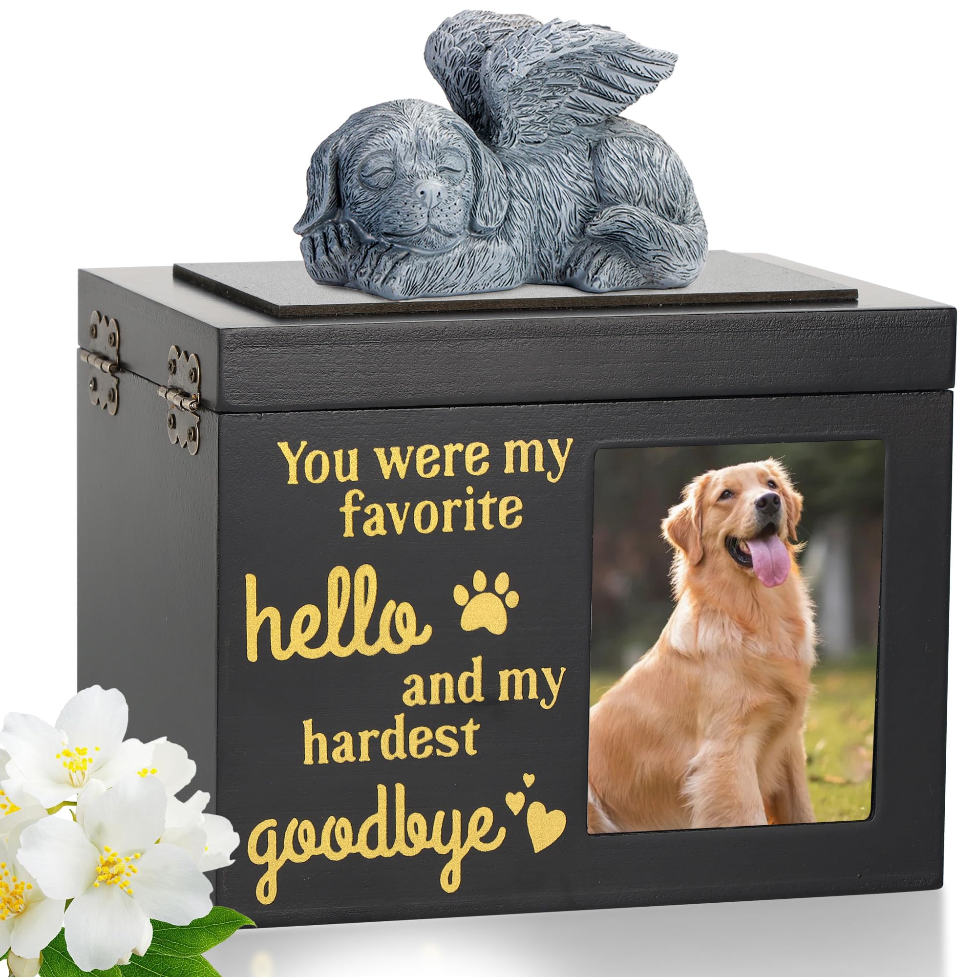 DiDiBirDi Black Wooden Urns for Dogs with Dog Statue,Pet Urns for Dogs Urn With Black Flannel Ash Storage Bag Pet Urns for Dogs Memorial (50kg）