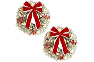 ATDAWN 2 Pcs Christmas Wreath, 15 Inch Outdoor Lighted Wreath for Front Door, Xmas Holiday Party Decorations