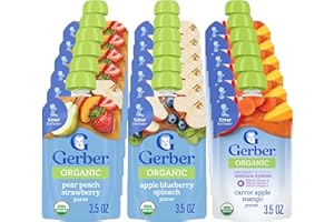 Gerber Stage 2 Baby Food, Organic Apple Blueberry Spinach, Pear Peach Strawberry, and Carrot Apple Mango Puree Pouches, 18-Pack