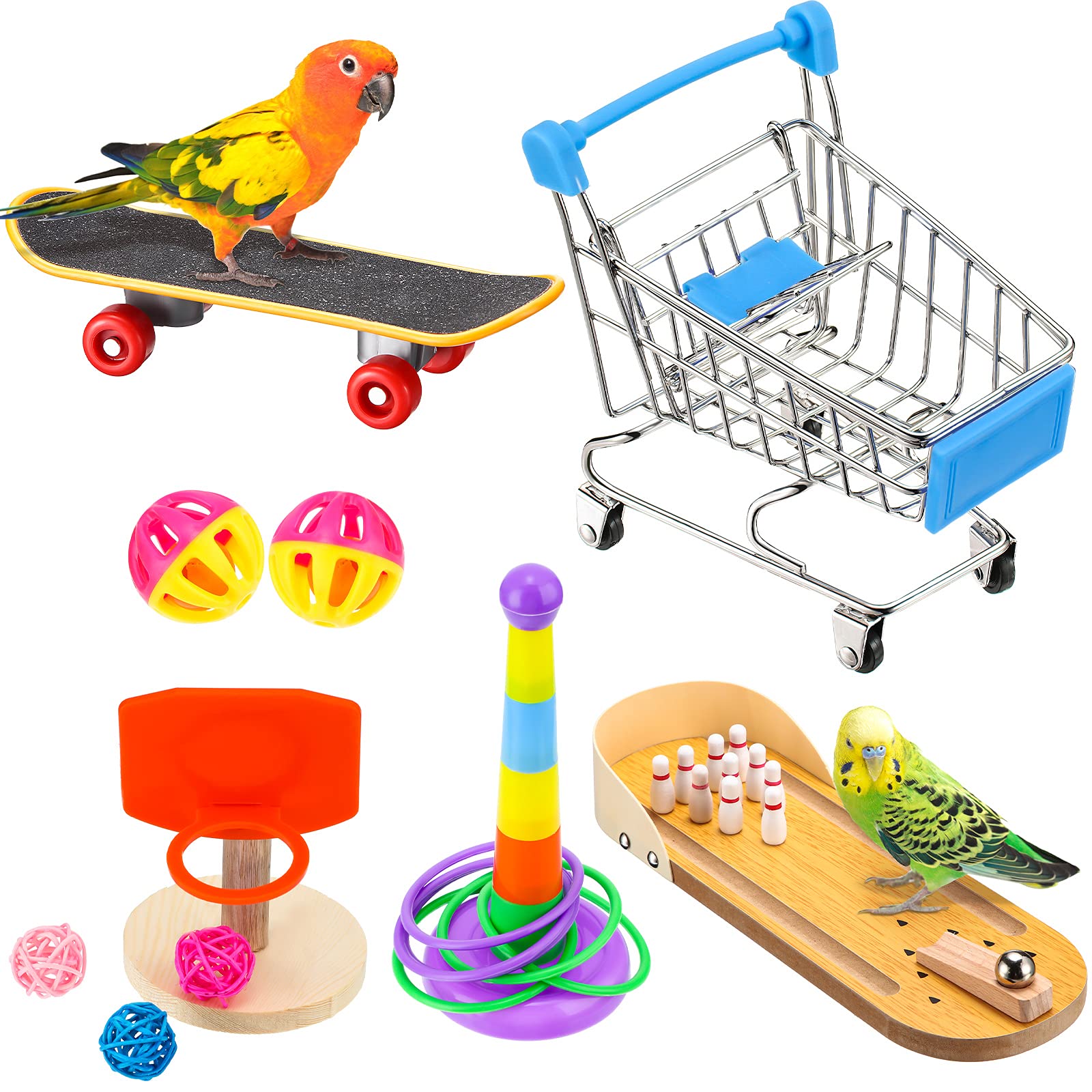 Photo 1 of 10 Bird Training Toys - Parrot Intelligence Toys for Parakeet, Cockatiel, Macaw - Includes Bowling, Basketball, Rings, Shopping Cart, Skateboard, Bell, Ball - Random Color
