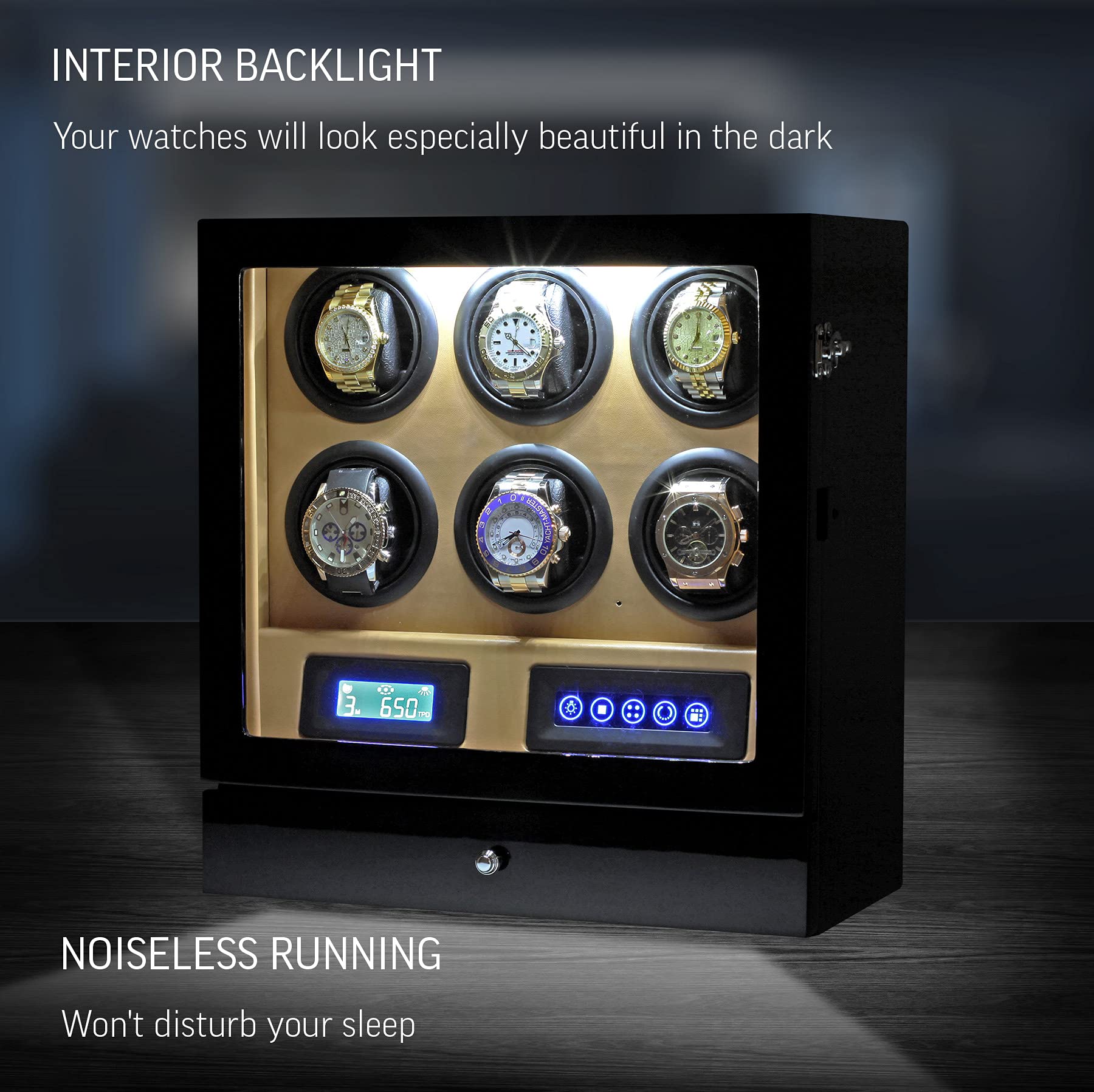 Watch Winder for 6 Watches with 2 Watches Storage Drawer, LED Backlight, LCD Display and Remote Control