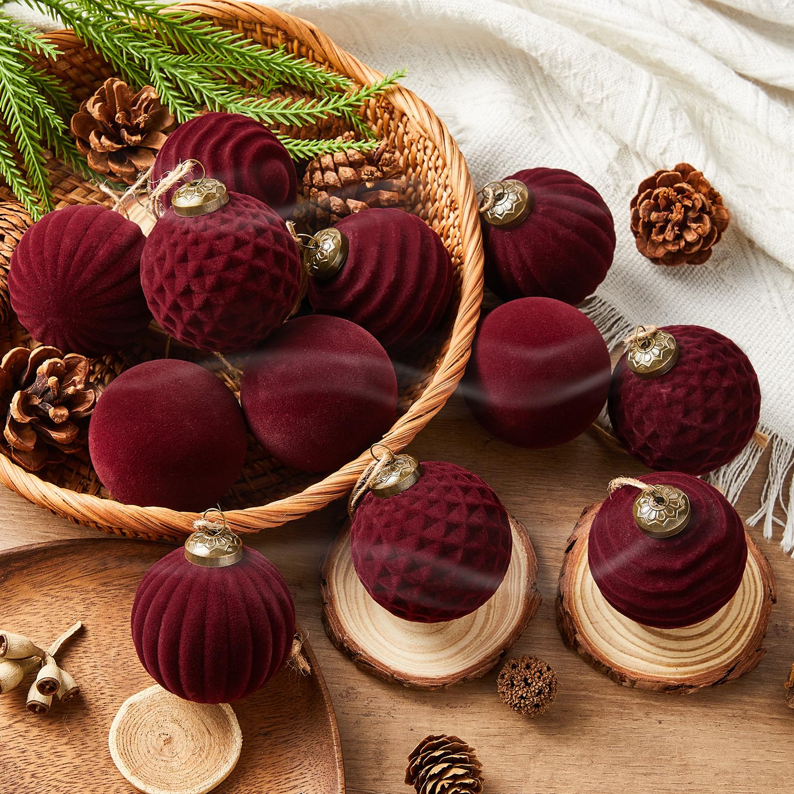 Photo 1 of 12 Pcs Light Scented Velvet Christmas Balls Bulk Winter Fir Scent Flocked Christmas Tree Ball Ornaments Hanging Baubles for Xmas Holiday Home Gift Yard Decor (Burgundy 2.36 Inch)