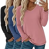 Oakgarden 3 Pack Women's Long Sleeve T Shirts Casual V Neck Tops Loose Fit Basic Tees Soft Fall Tee Shirts