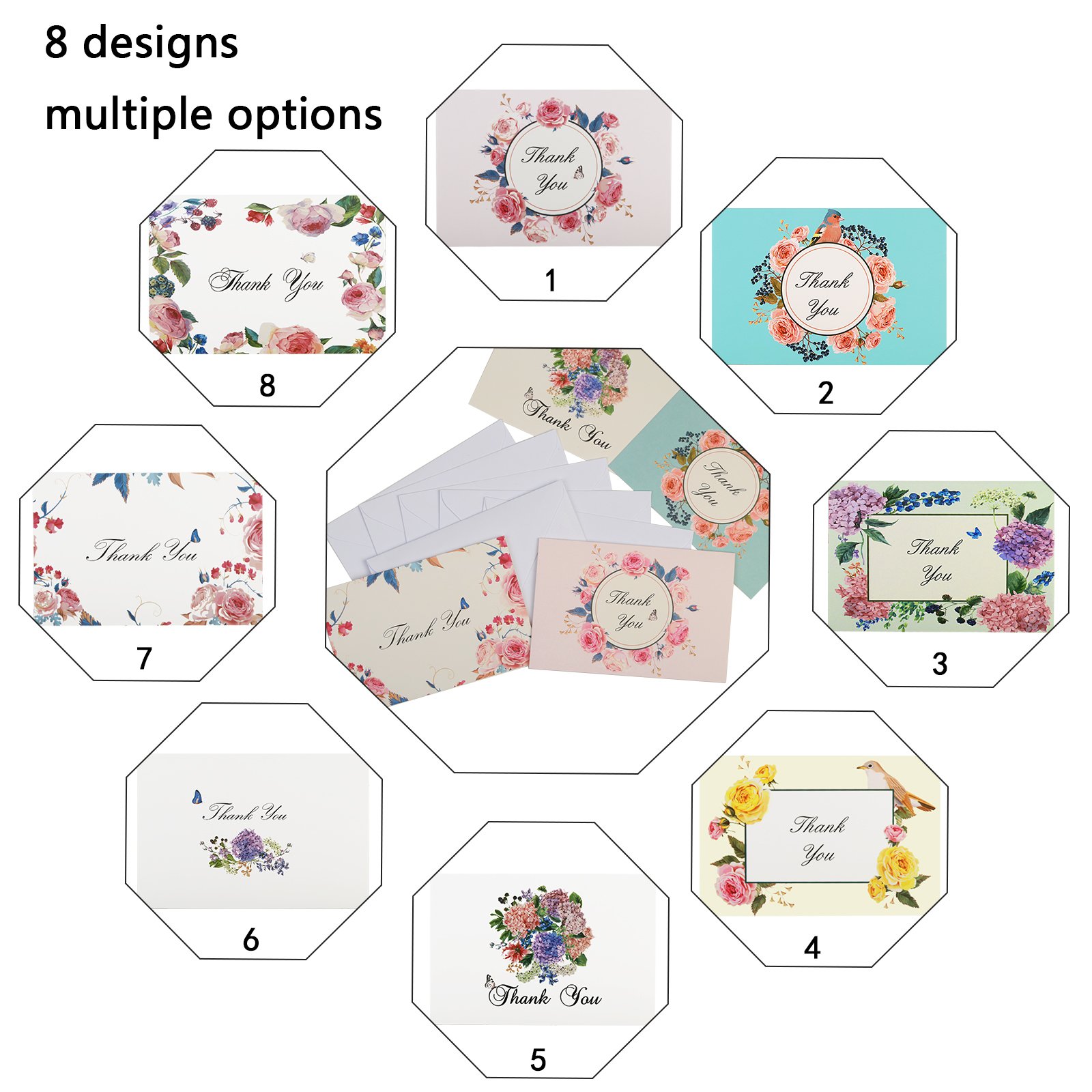 Thank You Cards - LANMOK Floral Flower Greeting Cards Notes for Birthdays,Wedding,Baby Shower,Bussiness,Graduation,Parties,Anniversary - 48 Sets with Envelopes and Self-Adhesive Sealing Stickers