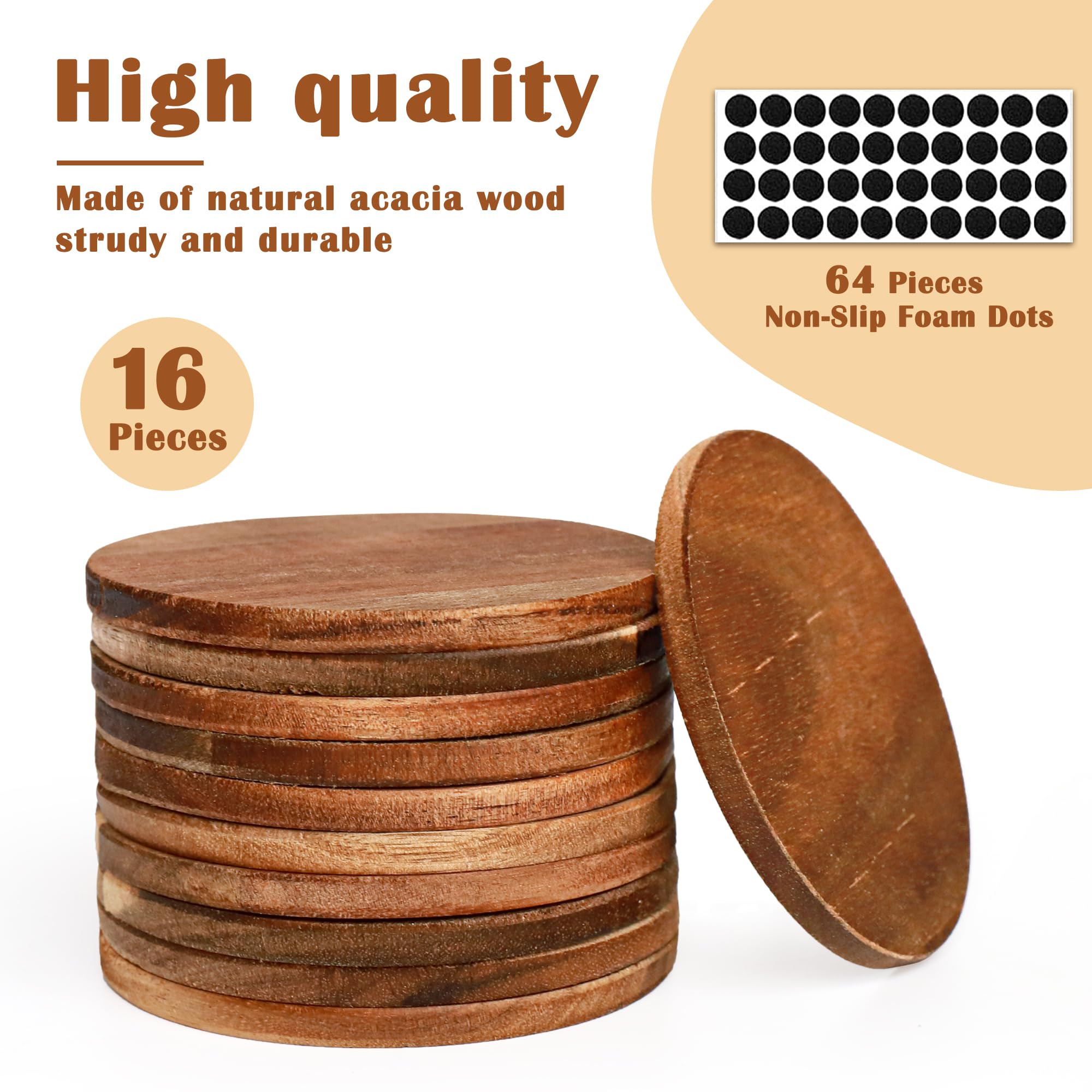 16 Pieces Unfinished Wood Coasters, 4 Inch Round Acacia Wooden Coasters for Crafts with Non-Slip Silicon Dots for DIY Stained Painting Wood Engraving Home Decoration