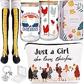 TAOVEEK 4PCS Funny Chicken Gifts Set, Chicken Lovers Set with 16 oz Chicken Glass Cup Funny Chicken Feet Socks Makeup Bag Keychain Birthday Christmas Gift Box