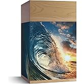 Urns by Hewiston - Wooden Urn for Ashes Adult Male or Female | Large Ocean Waves Beach Cremation Memorial | Handcrafted Wood Funeral