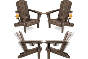 SERWALL Folding Adirondack Chair Set of 4, Adjustable Adirondack Chair with 3 Recline Positions, All Weather HDPE Outdoor Adirondack with Cup Holders, Coffee
