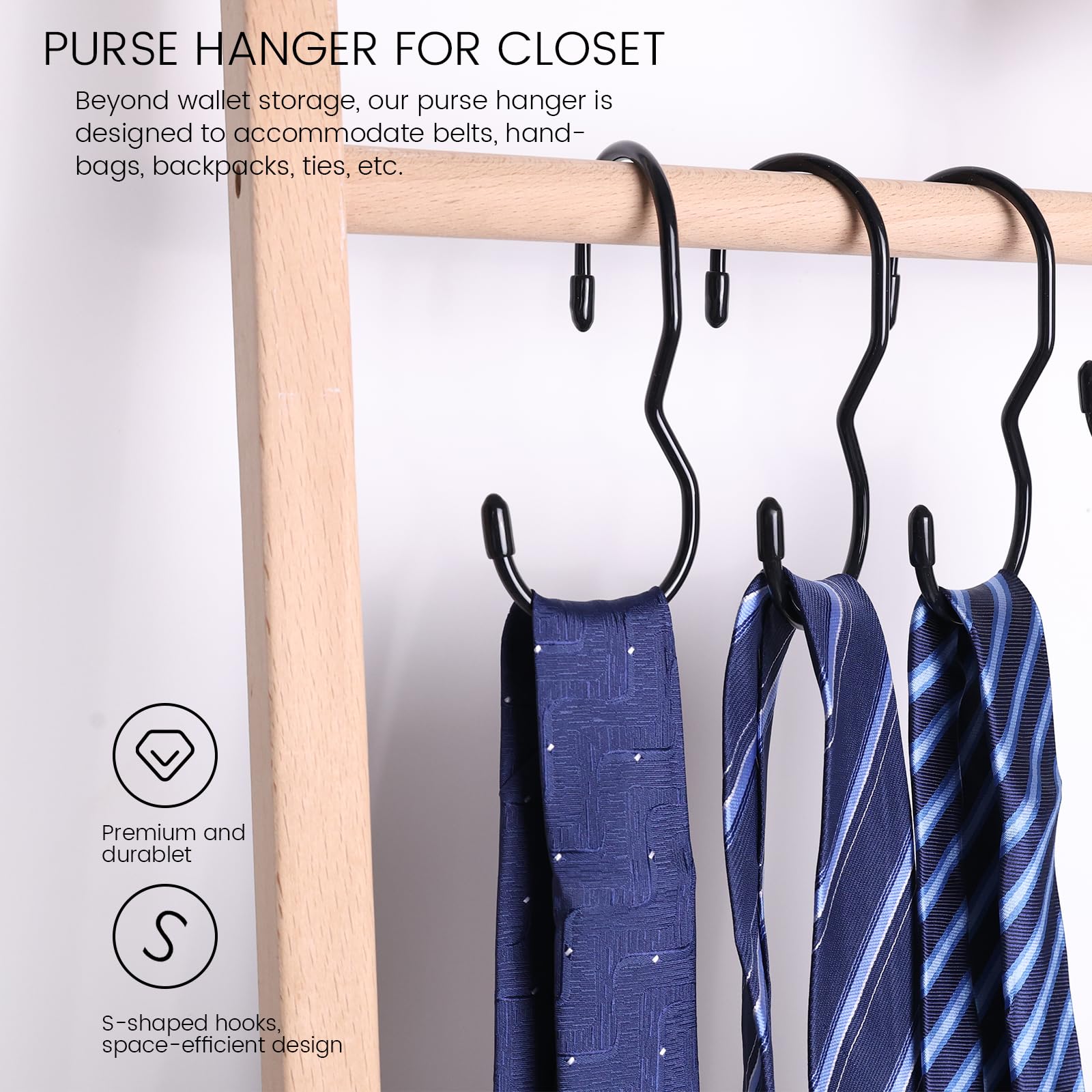JOHOUSE 14PCS Purse Hanger for Closet, Large Size Closet Rod Hooks Black Vinyl Coated Bag Hanger Organizer Hooks Unique Twist Design for Bags Purses Handbags Hats