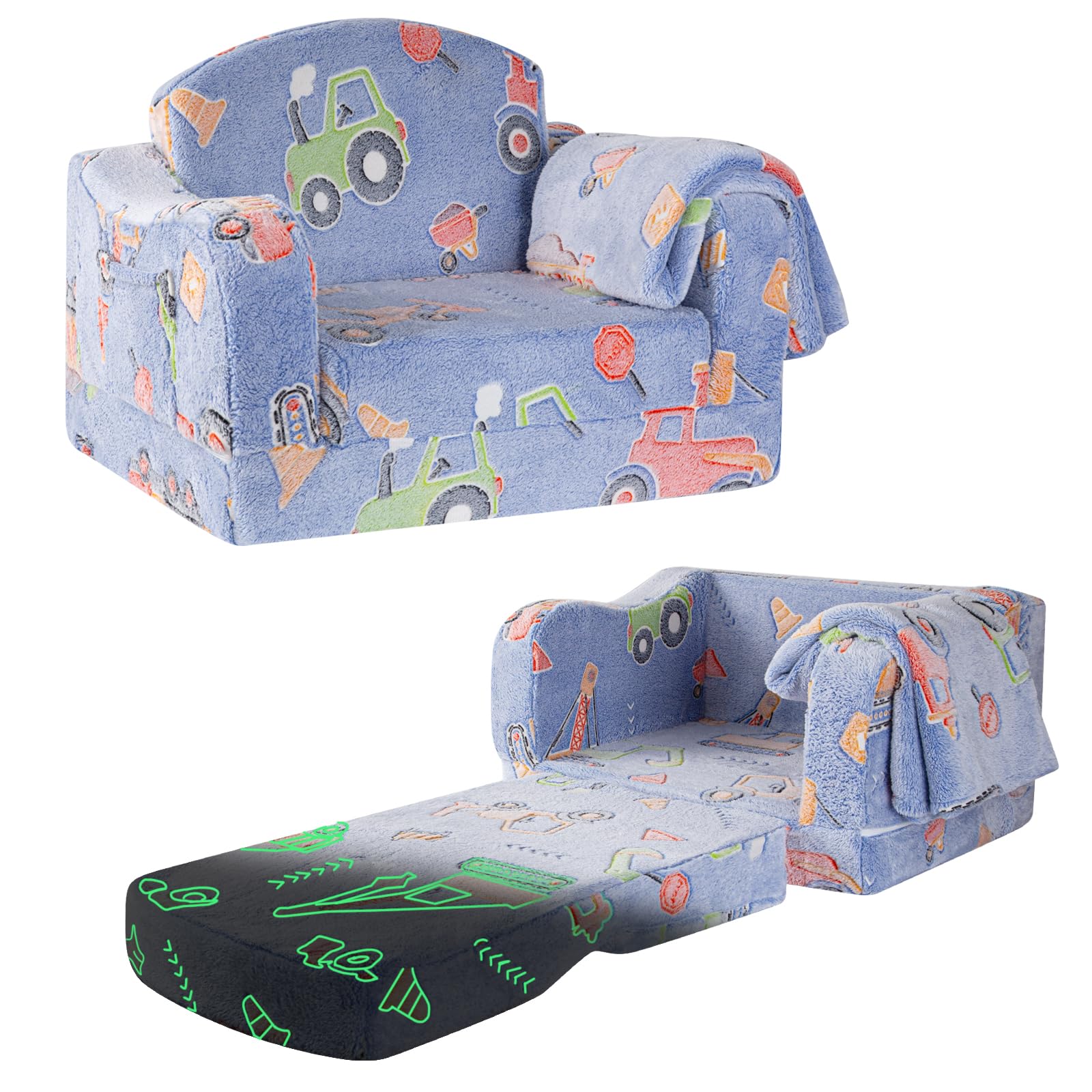 Photo 1 of Airpanda Comfy Toddler Chair and Couch for Kids with Blanket,2-in-1 Soft Plush Fold Out Toddler Couch for Girls and Boys,Convertible Sofa to Lounger for Playroom,Car Excavator