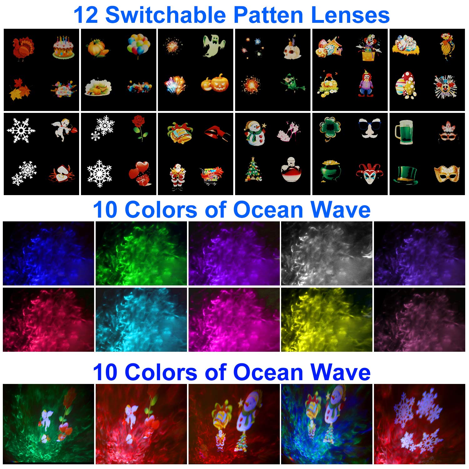 Xmas Projector Lights, Enow 2-in-1 Ocean Wave LED Projector with 12 Slides 10 Colors Waterproof Outdoor Indoor Lights for Home Birthday Party Garden Landscape Holiday Decorations, Remote Control