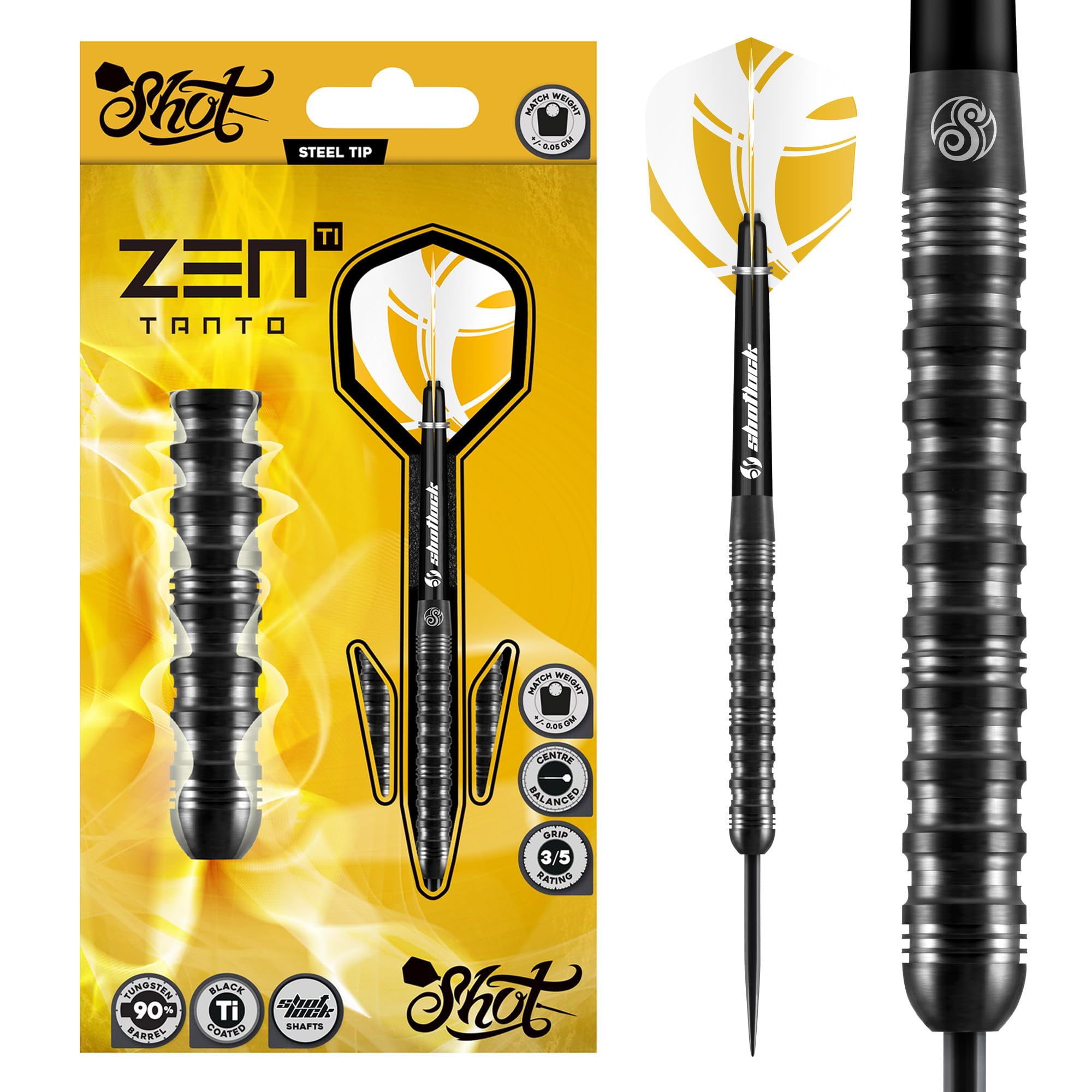 Shot! - Zen Tanto Steel Tip Darts Set | 90% Tungsten Barrels | Center Weighted for Precision | Enhance Your Dart Game | Includes Durable Shafts, Black, Alloy Steel