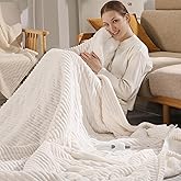 Zorvixia Electric Blanket Twin Heated Blanke 62"x84" Striped Flannel & Thick Sherpa, 5 Heat Settings & 10 Hour Auto Off with FCC/ETL Certified, Overheat Protection & Machine Washable, White