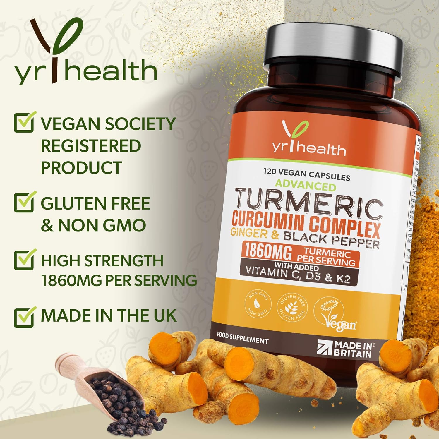 Turmeric Capsules High Strength 1860mg with Black Pepper, Ginger - Image 3