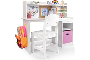 HappyHomePicks Kids Study Desk with Chair Set — Wooden Child Desk with Hutch & Storage Cabinet for 5–12 Years | Children Study Table Computer Workstation for Bedroom & Homework