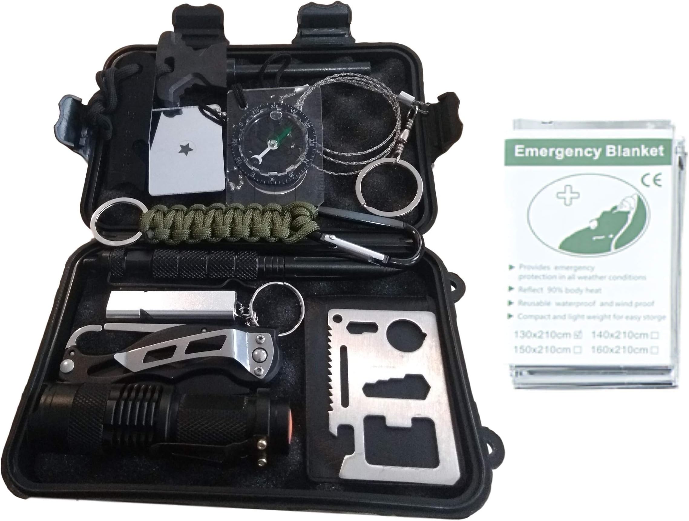 MackMo Products Ultimate 13-in-1 Emergency Kit: Outdoor Survival Kit w/Pocket Knife Emergency Blanket, Flashlight, Compass, Knife in Waterproof Case| Travel Camping Car Survival Gear
