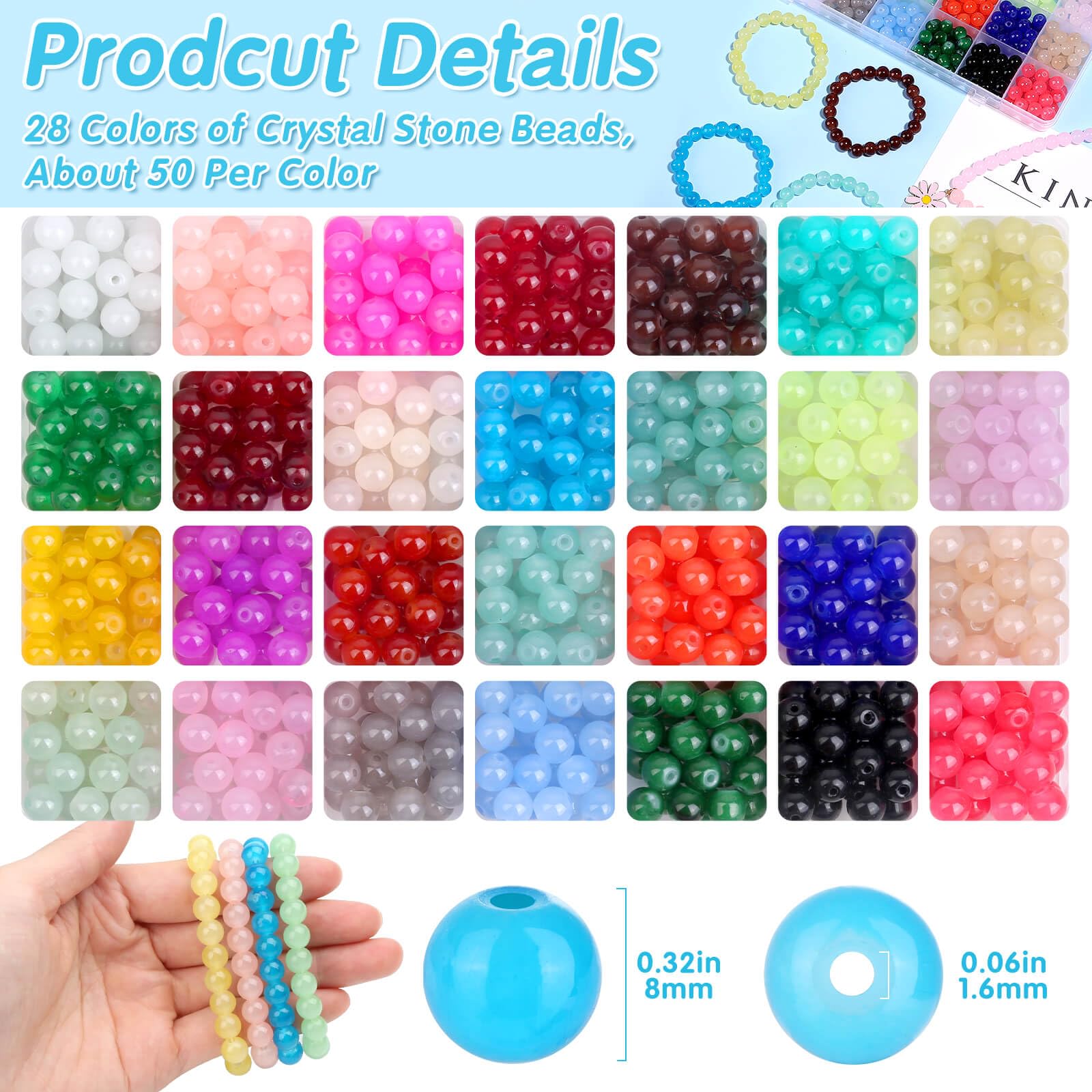 1400 Piecess 8mm Round Glass Beads for Jewelry Making, 28 Colors Crystal Beads for Bracelets Jewelry Making and DIY Crafts