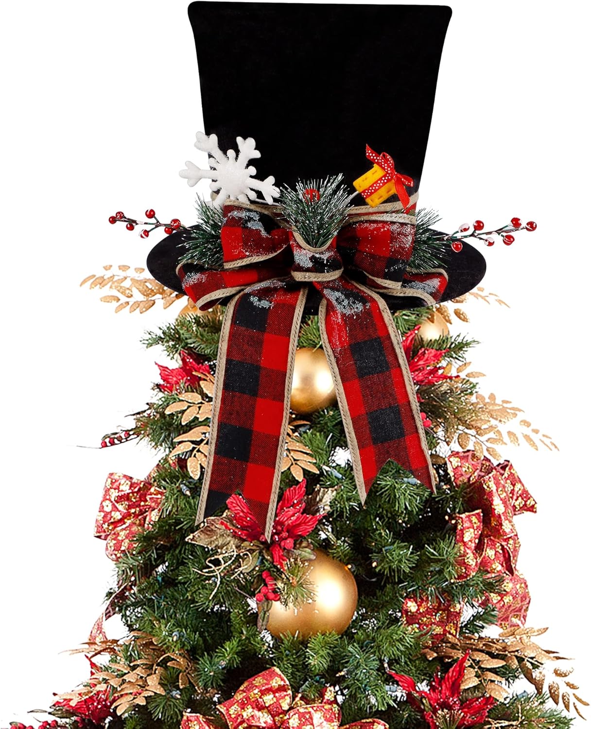 Tree Toppers - yofit Christmas Tree Topper Hat, Black Velvet Hat with Red Buffalo Plaid Bow Red Berry Snowflake, Christmas Tree Decorations Top Hat, Desktop Ornaments for Home Holiday Winter Decor
