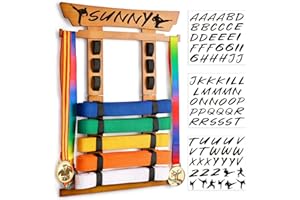 Tilhumt 8 Belt Karate Belt Display Rack with Medal Hanger and Stickers, Taekwondo Belt Display Holder, Martial Arts Belt Display Organizer for Adults, No Assembly Required (Bamboo/Acrylic)
