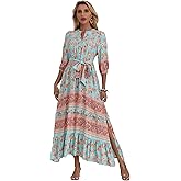 HECCPLI Women 3/4 Sleeves Front Buttons Floral Print Casual Bohemian Maxi Dresses