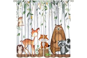 YCNESS Forest Animal Curtains, Watercolor Wild Animal Bear Fox Deer Kids Window Treatments for Living Room Bedroom,Green Woodland Tree Kids Drapes 2 Panel Sets,55x63 Inch