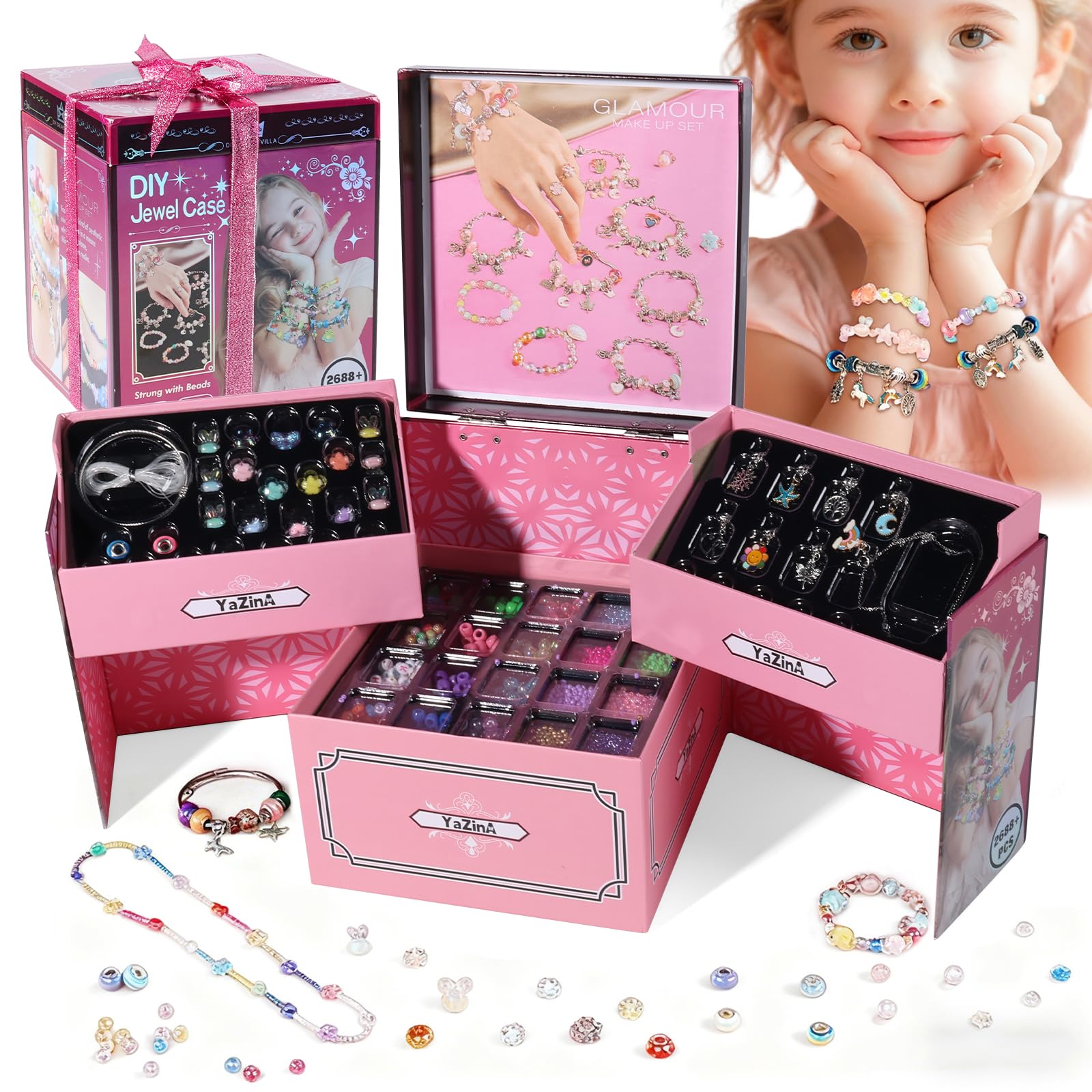 Tatqilo Charm Bracelet Making Kit for Girls, Three Floors Jewellery Making Kit, DIY Bracelet Making Kit with Bracelet, Beads, Charms, Necklace Supplies, Crafts Gift for Kids Age 5 6 7 8 9 10