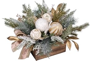 Elegant White and Gold Christmas Floral Arrangement, Artificial Pine with Ornaments in Rustic Wood Box, Winter Holiday Center