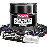 Festival Chunky and Fine Glitter Mix, Teenitor Iridescent Glitter Flakes with Glitter Primer,Face Body Eye Hair Nail Resin Tu