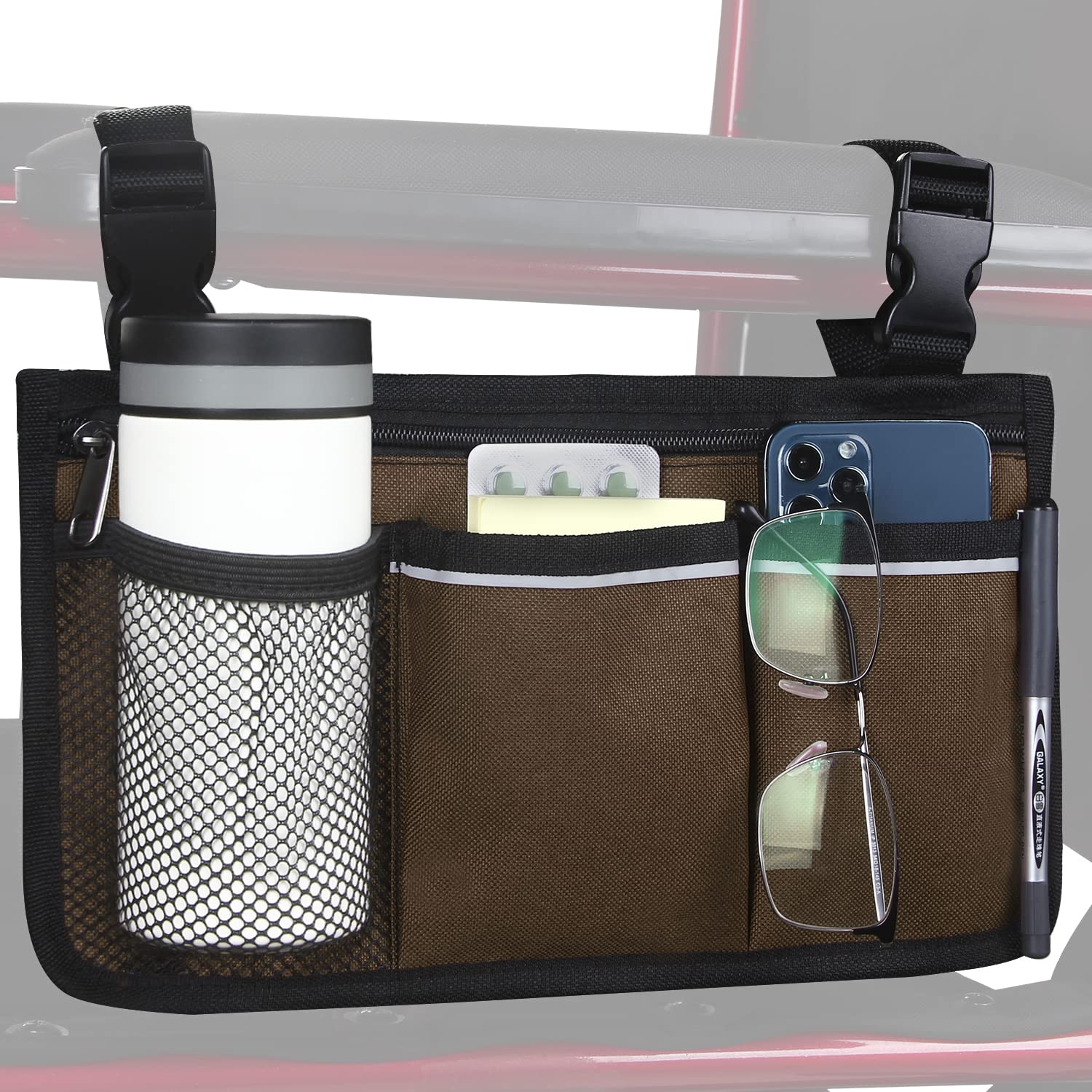 HSGEZUOQI Wheelchair Side Bag, Armrest Storage Pouch with Cup Holder and Reflective Strip Use of Waterproof Fabric for Most Wheelchairs, Walkers or Rollators (Coffee)
