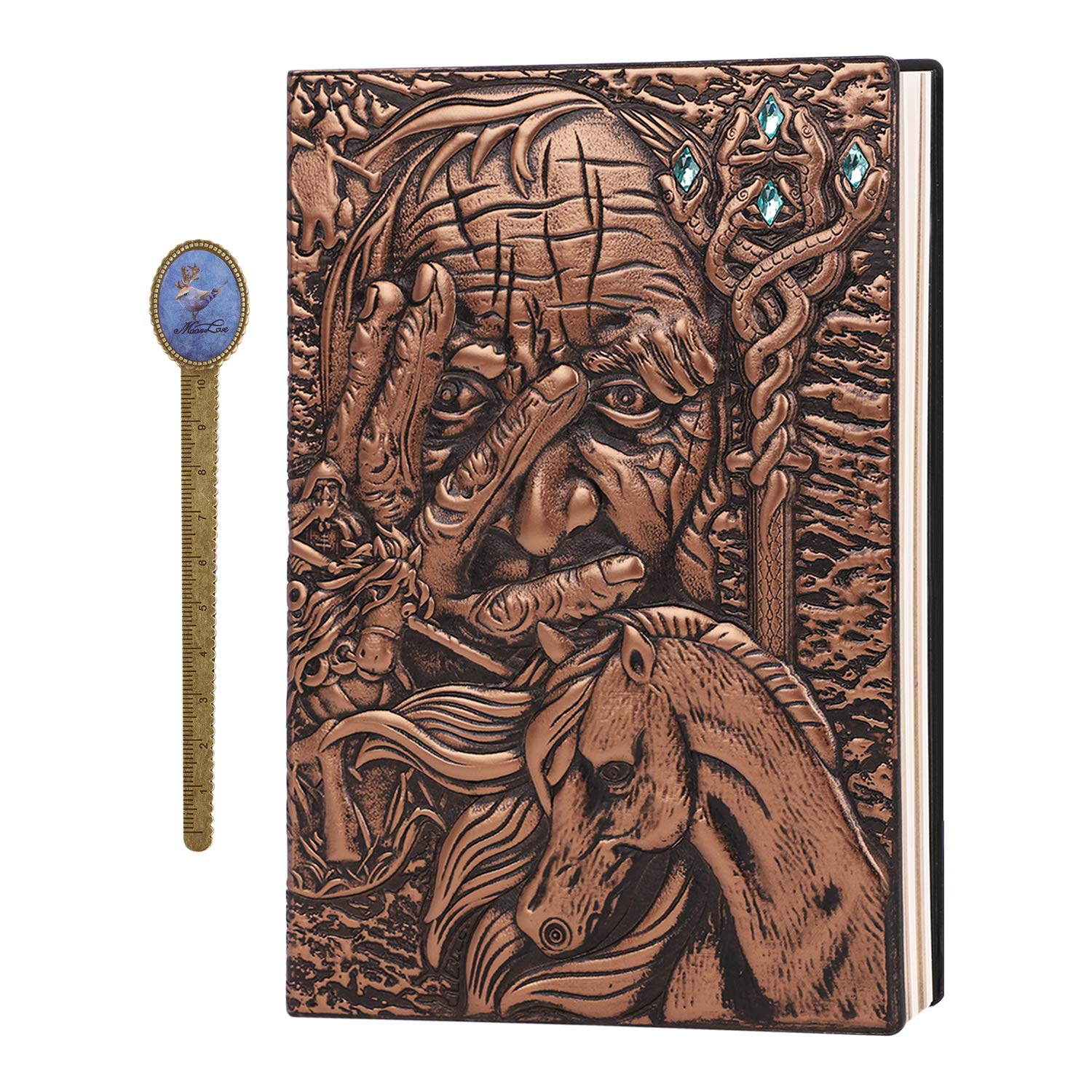 IPENNY A5 Vintage Leather Notebook 3D Embossed Cover Journal with Bookmark Diary Padded Front & Hardback Cover Copper Travel Diary Retro Privacy Notebook Anniversary Birthday Xmas Gifts for Men Women